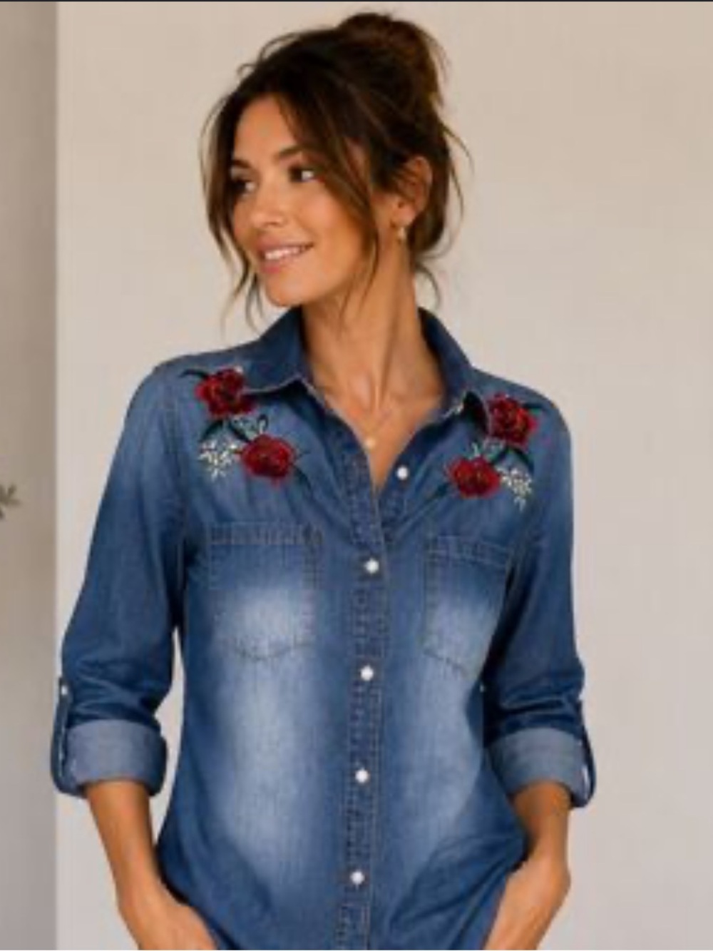 Cavalini denim collection embroidered roses button down shirt sizeโ Small